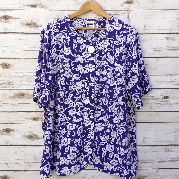 Blue & White Floral Print Top Leslie Fay Plus Size - Picture 1 of 6